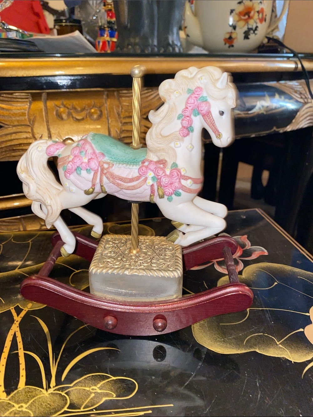 Vintage The San Francisco Music Box Co. White Carousel Horse with Pink Roses